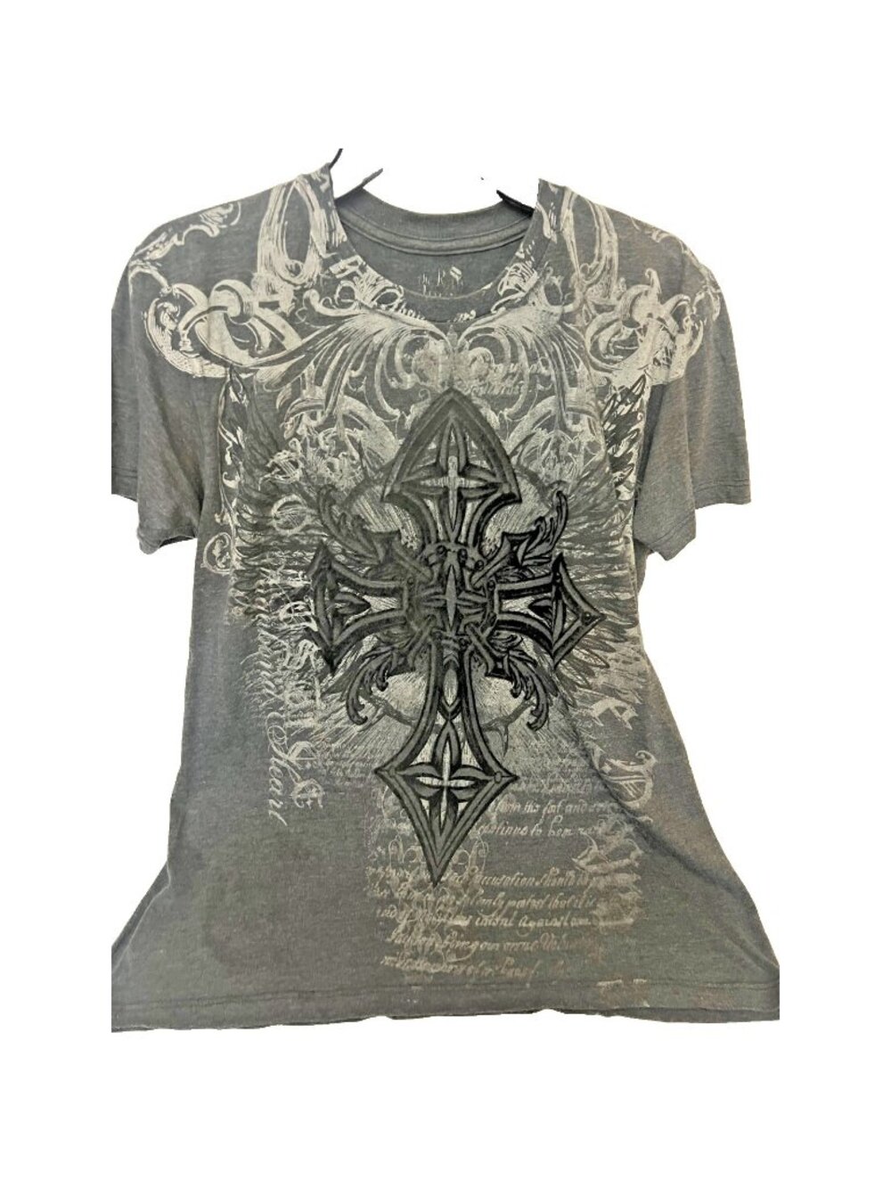 The Raw Uncut Mens Gothic Cross Wing Graphic T-Shirt Grey Y2K MMA Style M.    V